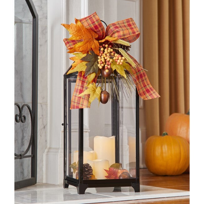 24 inches Harvest Wheat Lantern with 3 LED Candles, MULTI, hi-res image number null