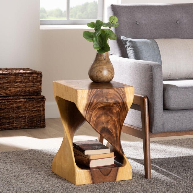 Rapha Hand-carved Suar Wood Side Table, NATURAL BROWN, hi-res image number null