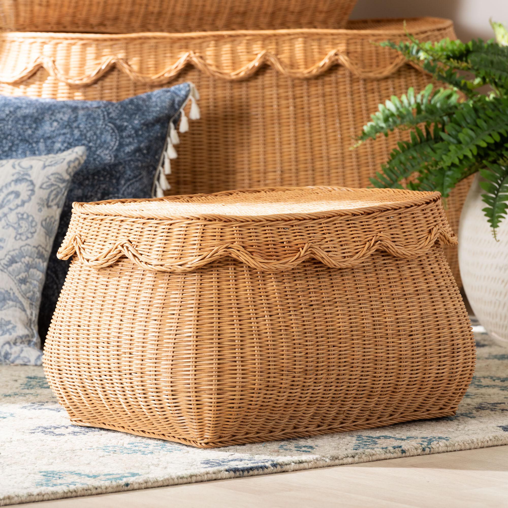 Ayleen Natural Rattan Basket with Scalloped Lid - Small, HONEY, hi-res image number 0