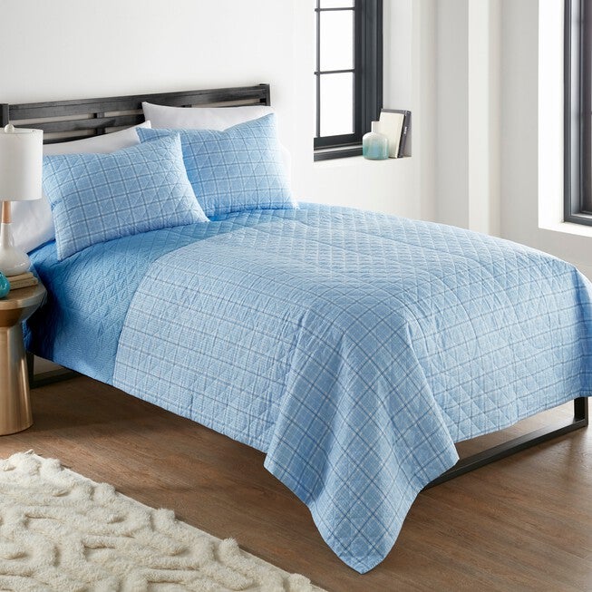 Seersucker Solid Blue 6-In-1 Quilt Set, PLAID, hi-res image number 0