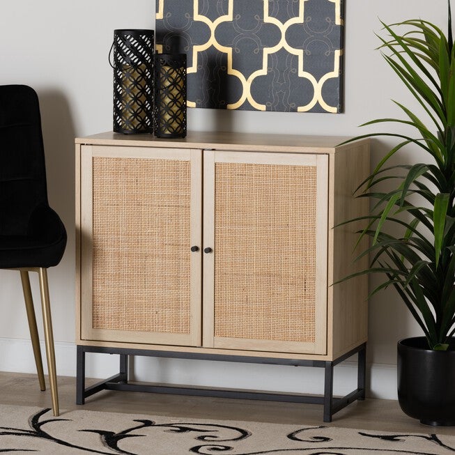 Caterina Mid-Century Modern Transitional Natural Brown Finished Wood And Natural Rattan 2-Door Storage Cabinet, , alternate image number 7