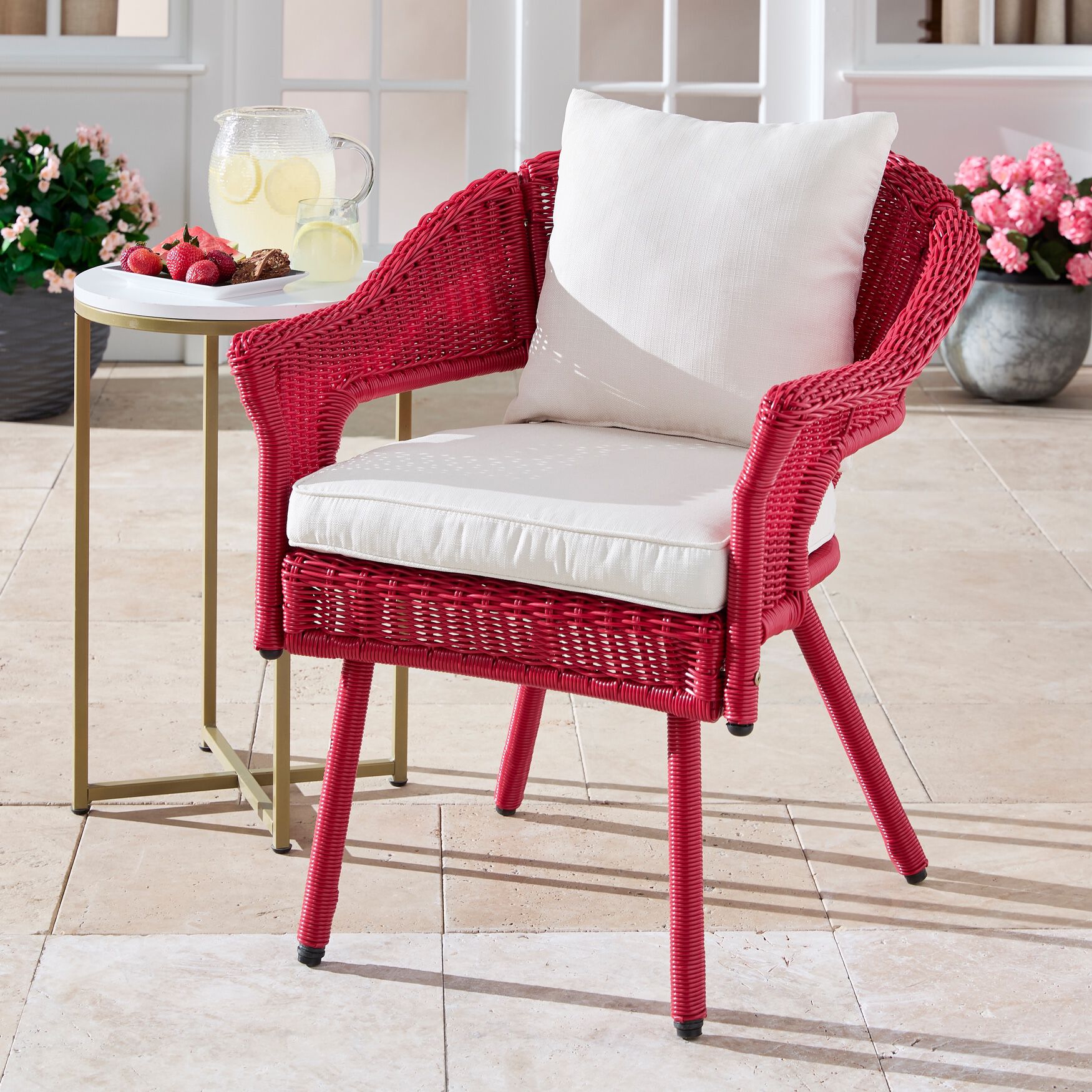 Roma Hand-Woven Resin Wicker Stacking Chair with Toss Pillow & Seat Cushion