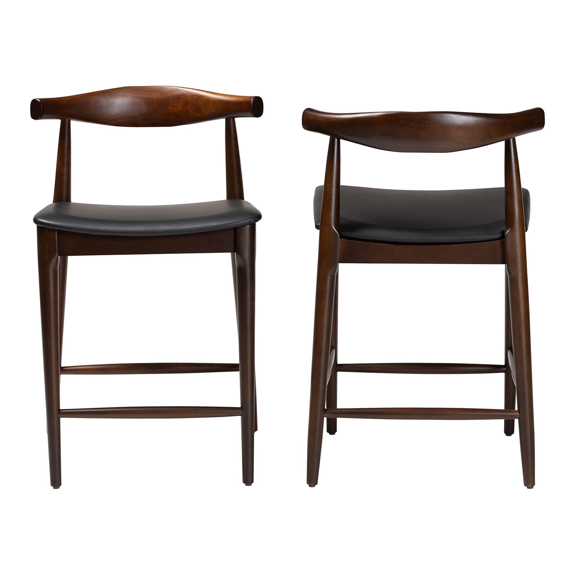 Eira Counter Stool Set of 2- Walnut Wood Frame Counter-height Chair with Curved Backrest and Black Faux Leather Seat, BLACK, alternate image number 2