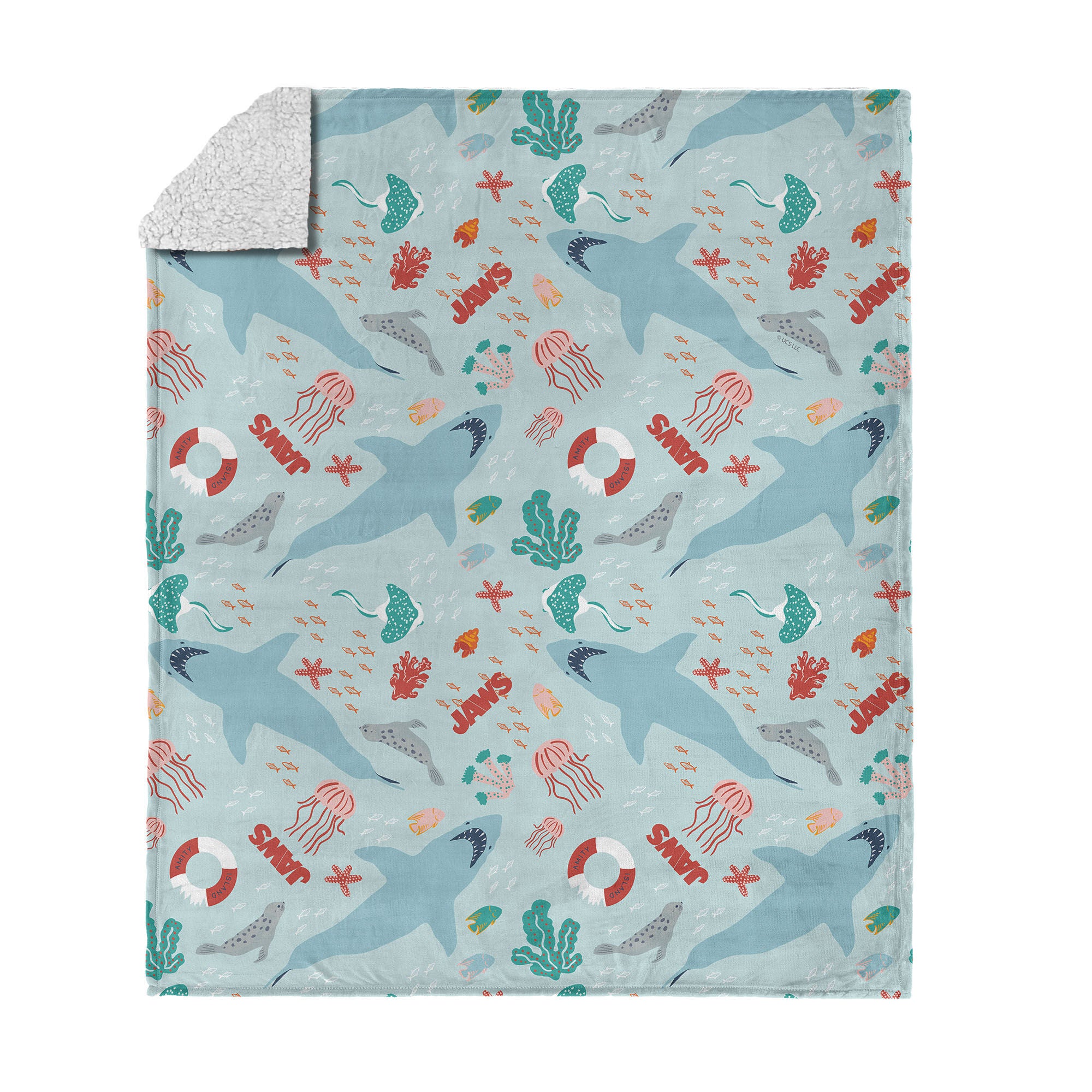 Jaws Coastal Sharks Silk Touch Sherpa Throw Blanket 50x60 inches, BLUE, hi-res image number 0