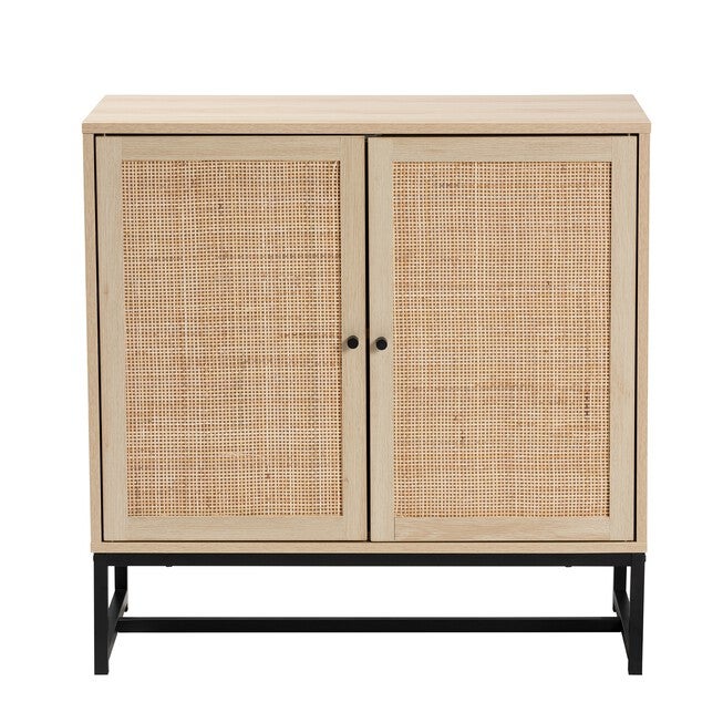 Caterina Mid-Century Modern Transitional Natural Brown Finished Wood And Natural Rattan 2-Door Storage Cabinet, , alternate image number 2