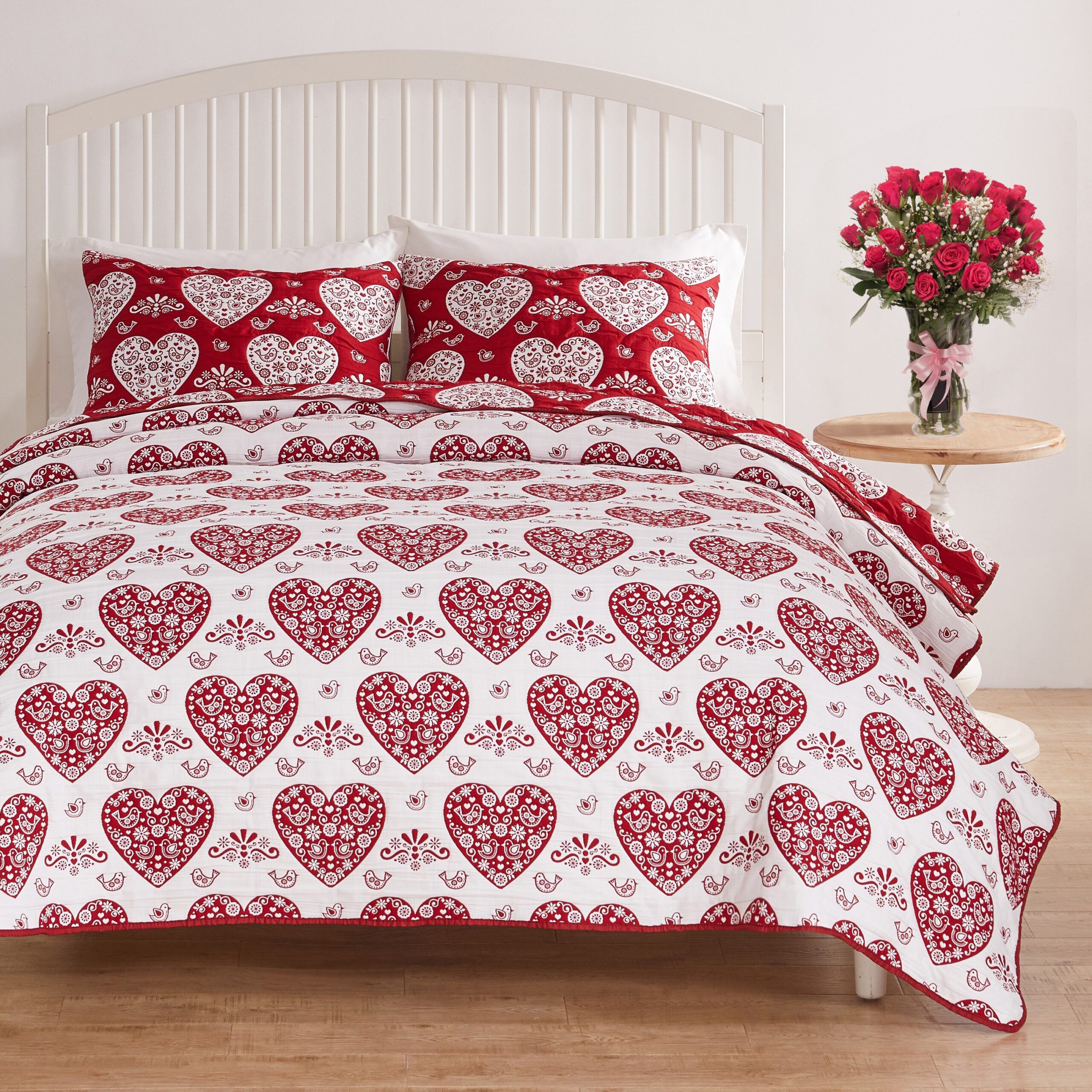 Lovebirds Romantic Hearts Matelass&eacute; Coverlet Set, RED, alternate image number 1