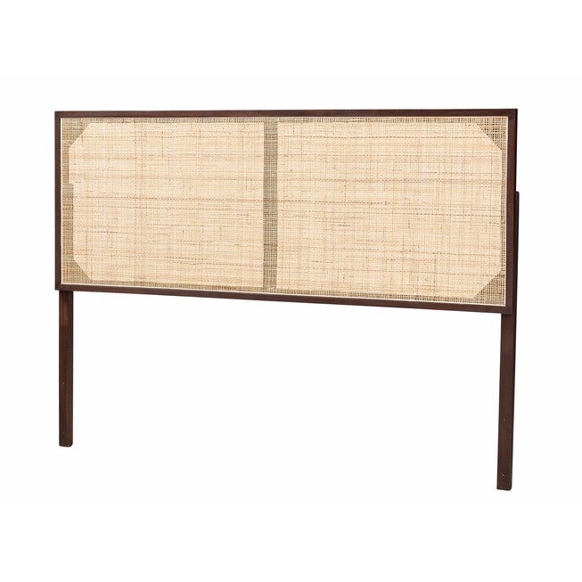 Aurelia Modern Bohemian Black Finished Bayur Wood And Natural Rattan Queen Size Headboard, DARK BROWN, hi-res image number 0