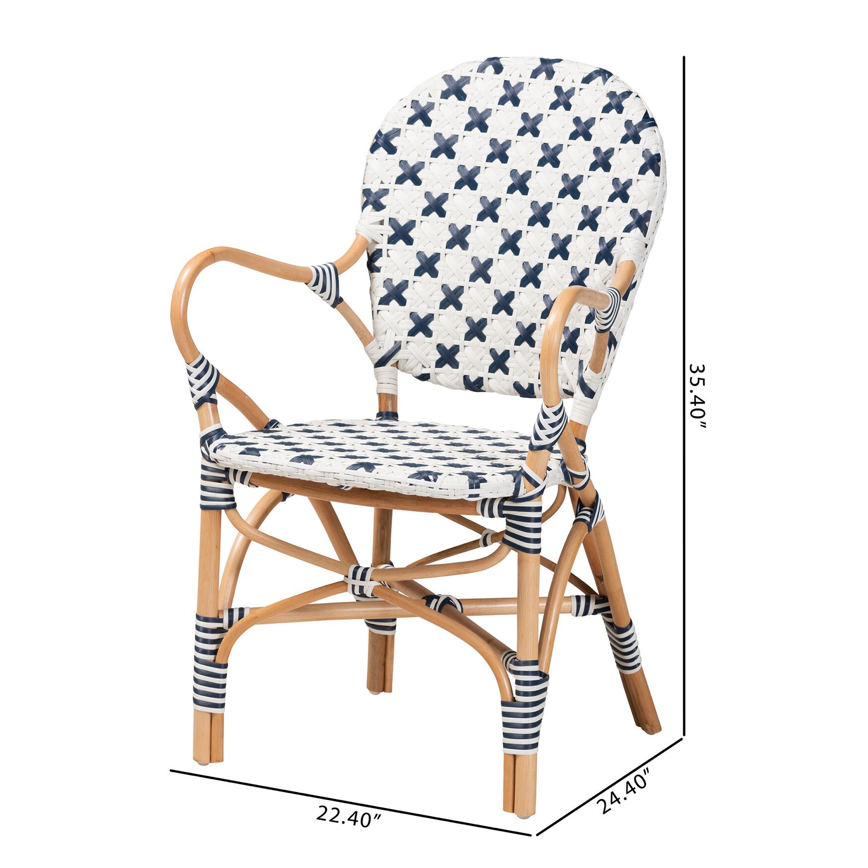 Bryson Modern French Blue And White Weaving And Natural Rattan Bistro Chair, , alternate image number 9