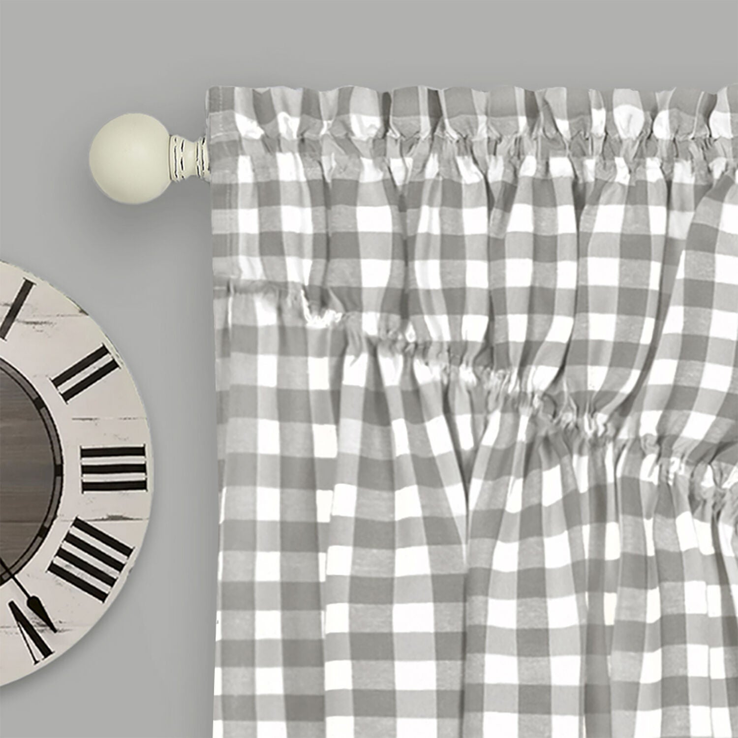 Buffalo Check Gathered Swag Window Curtain Pair, GREY, alternate image number 2