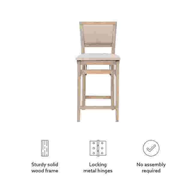Grey wash folding bar stool with icons highlighting its features