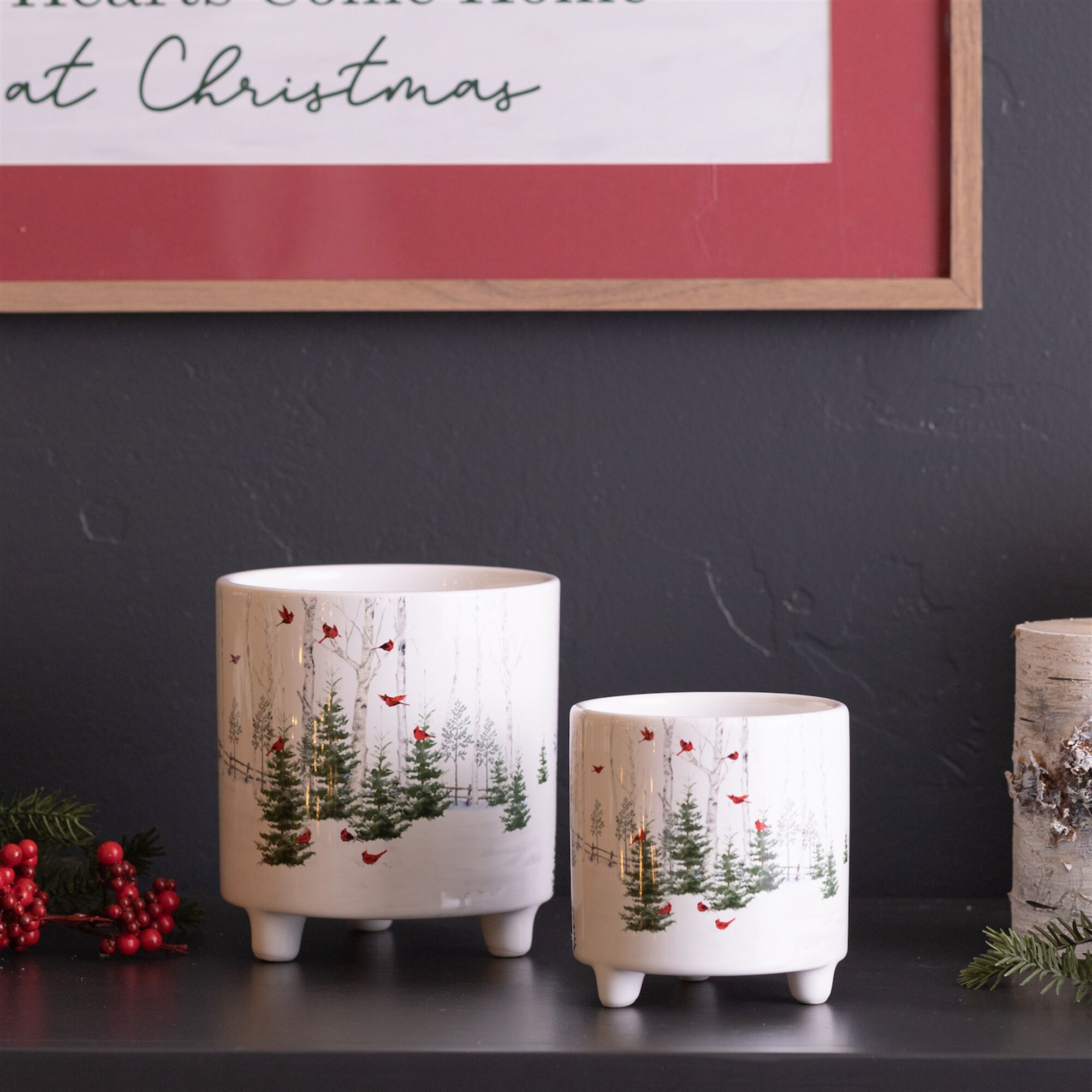 Winter Cardinal Forest Planter (Set of 2), WHITE GREEN RED, alternate image number 4