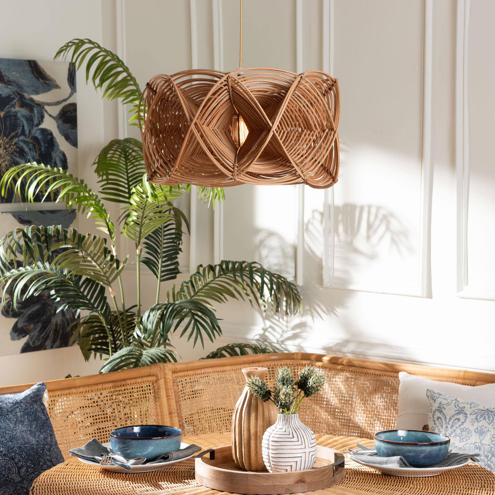 Jeneth Natural Rattan Pendant Lampshade - Coastal Boho Ceiling Light Cover with Handcrafted Geometric Design, BROWN, hi-res image number 0