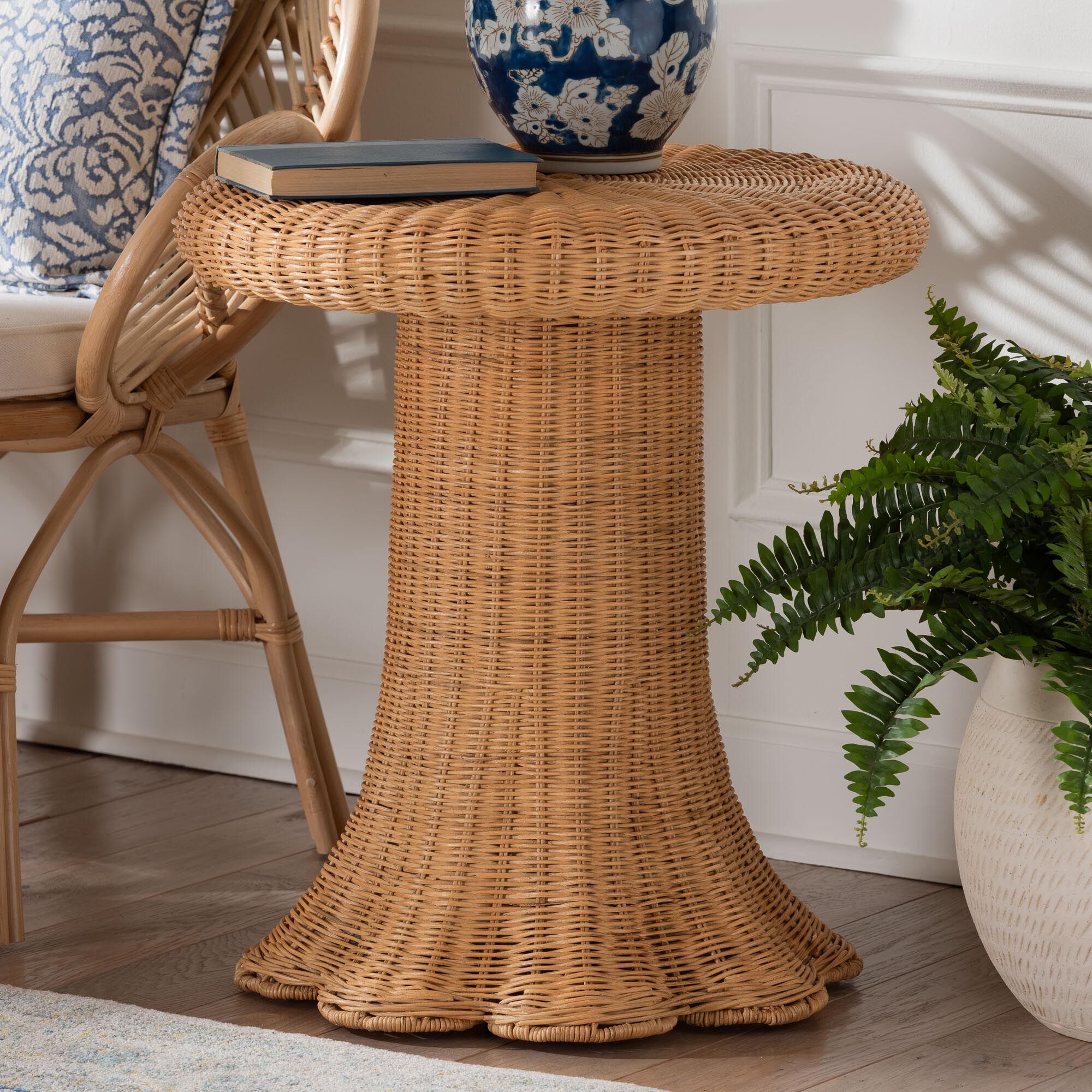 Avalon Scallop Natural Rattan Pedestal Side Table, LIGHT HONEY, hi-res image number 0