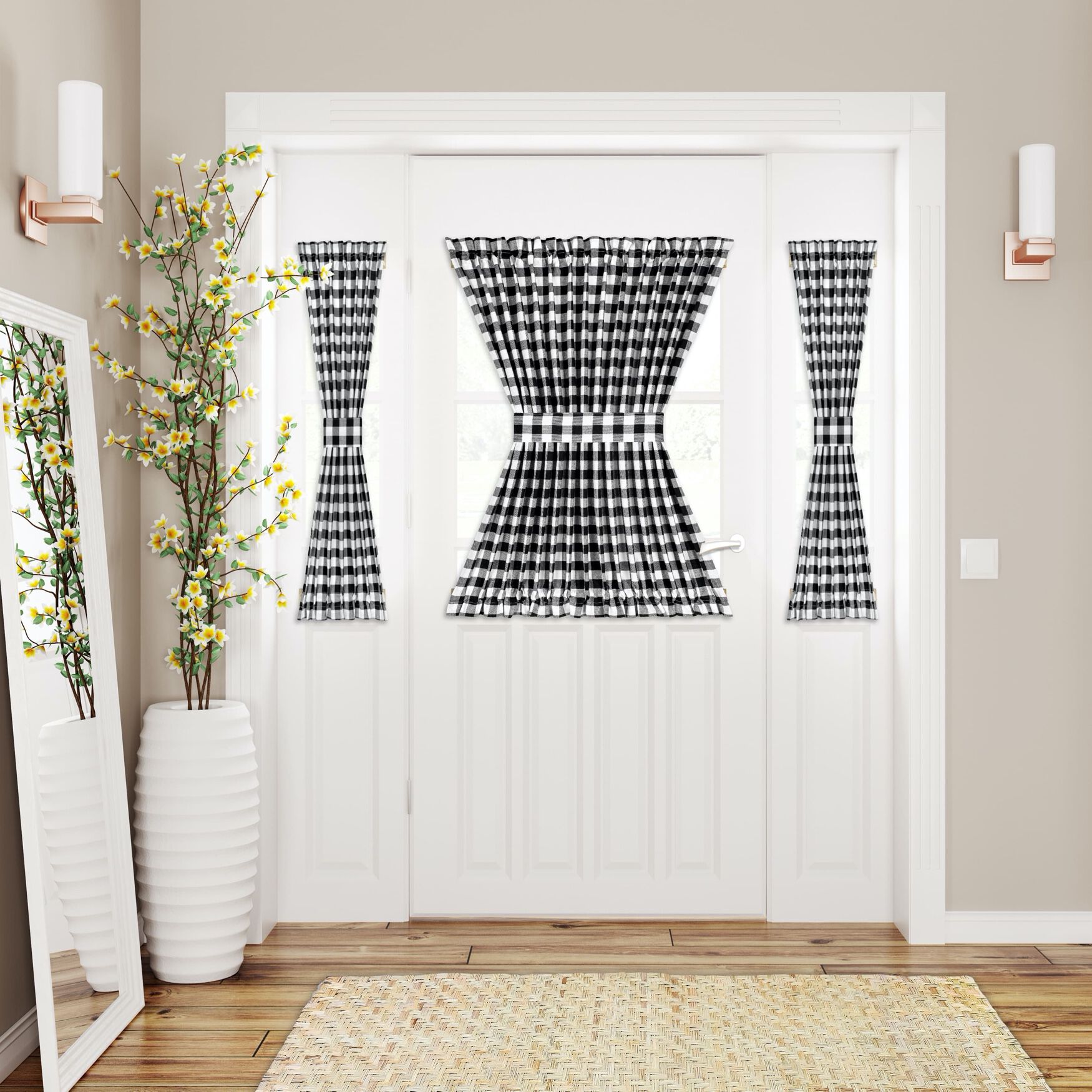 Buffalo Check Rod Pocket Door Panel And Tieback, BLACK WHITE, hi-res image number 0