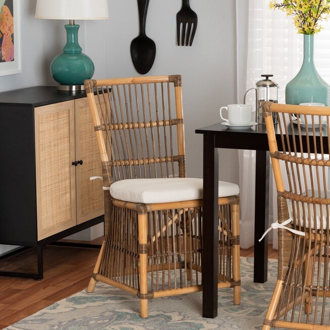 Kim Modern Bohemian White Fabric And Natural Brown Rattan Dining Chair, , alternate image number null