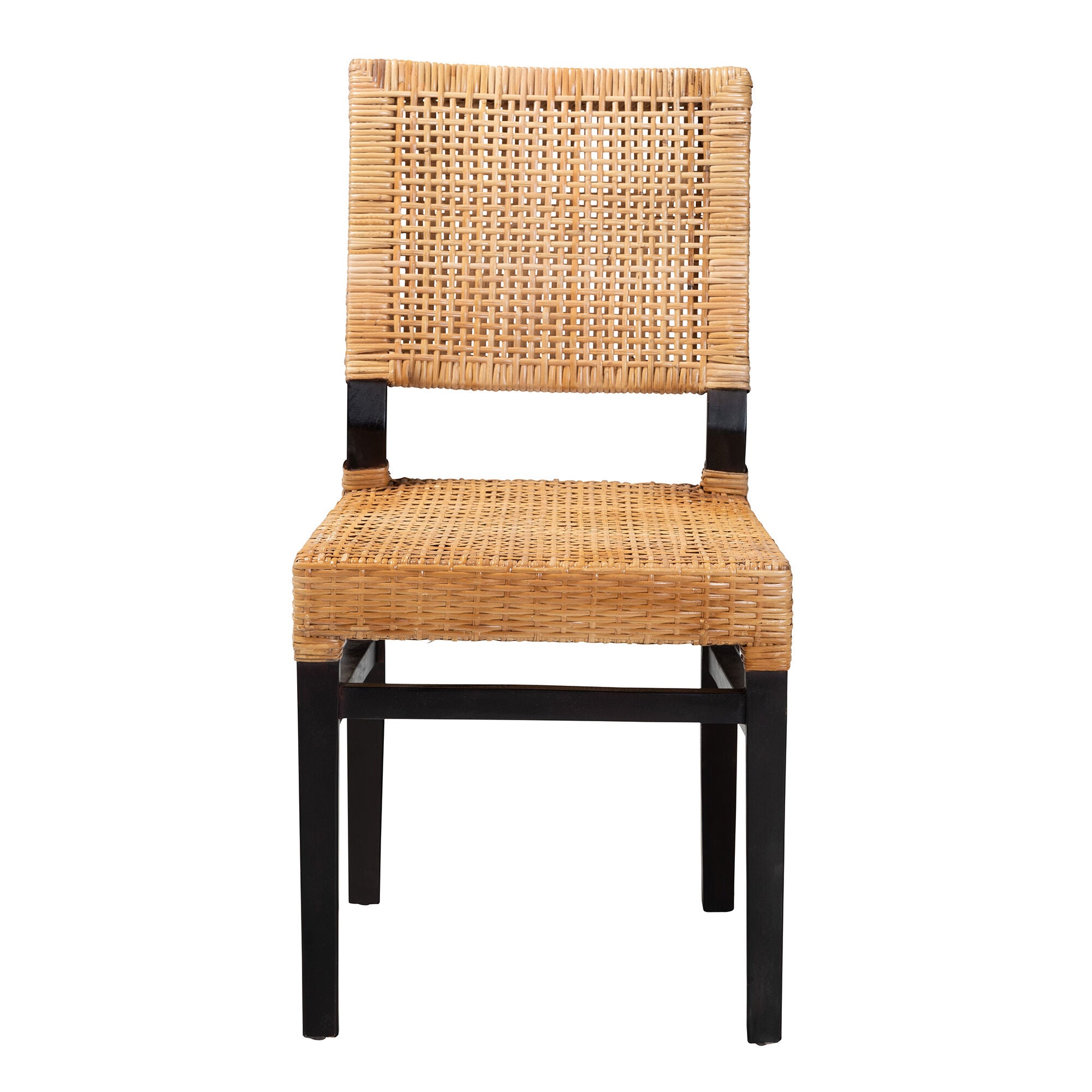Lesia Modern Bohemian Natural Brown Rattan and Espresso Brown Mahogany Wood Dining Chair, BROWN, alternate image number 3