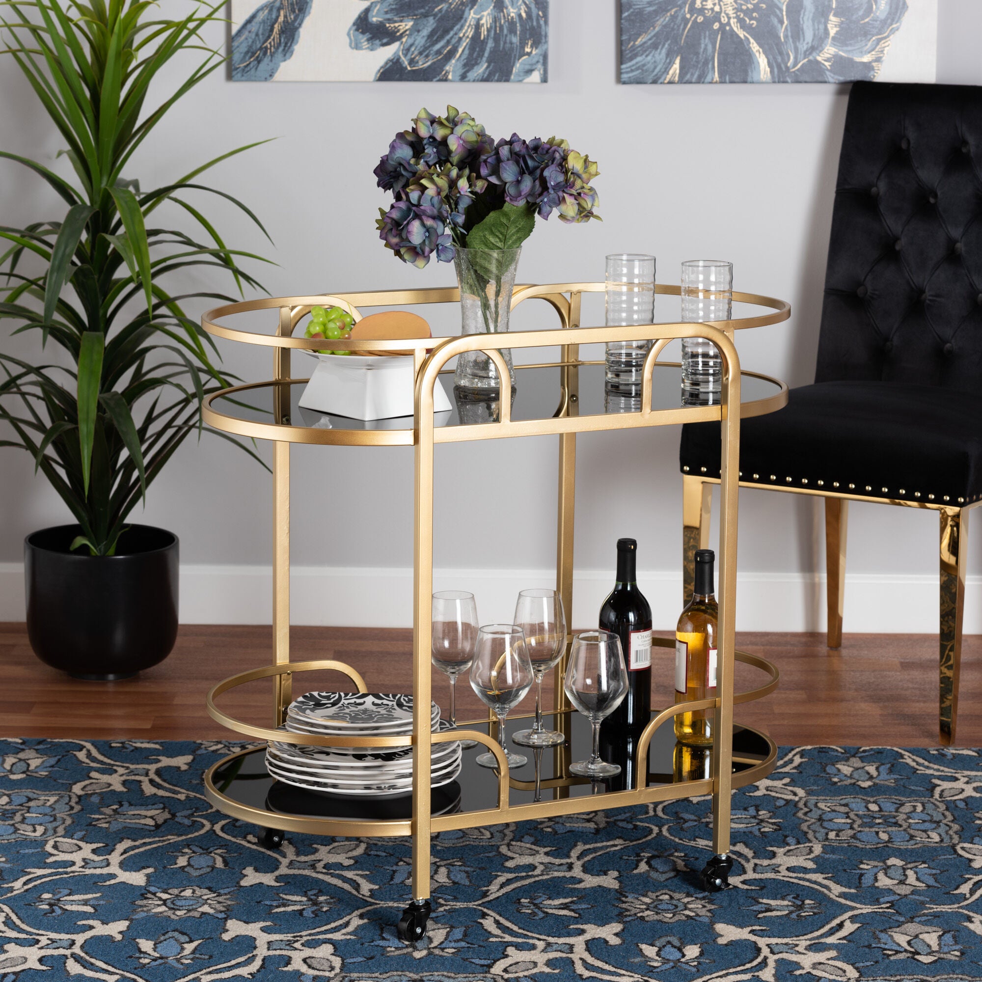 Leighton Contemporary Glam and Luxe Gold Metal and Tempered Glass 2-Tier Wine Cart, GOLD, hi-res image number 0