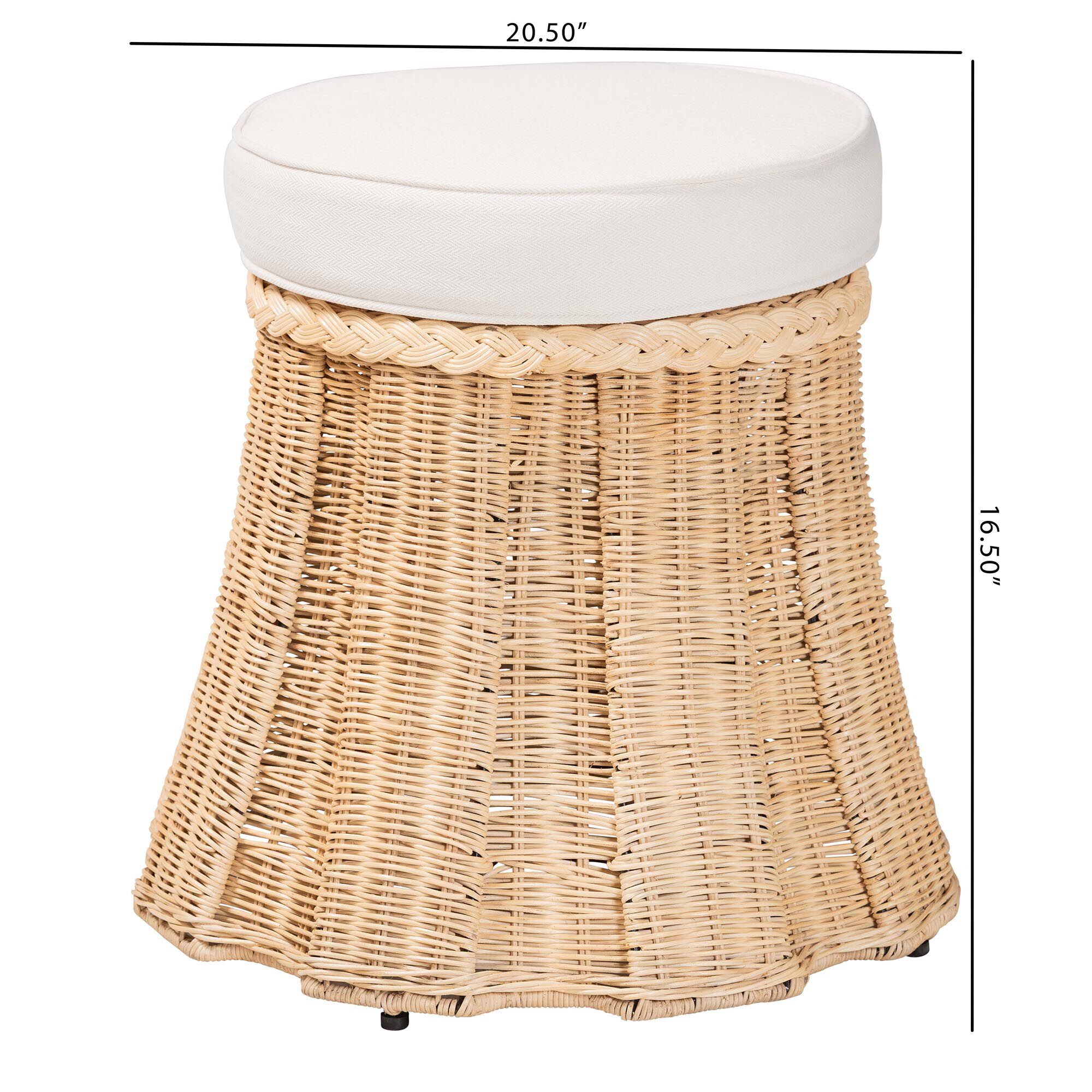 Diagram showing the dimensions of the round rattan ottoman with cushion
