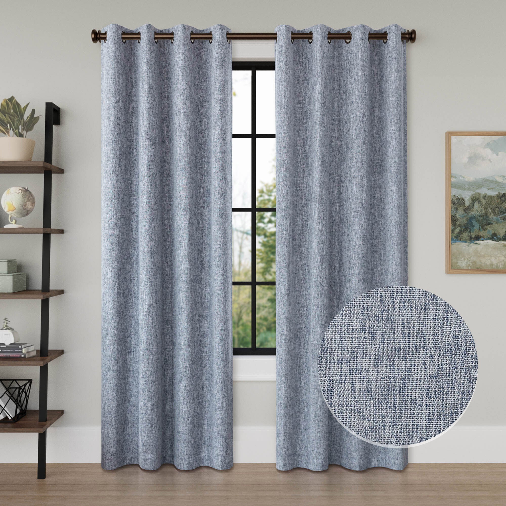 Linen Texture 100% Blackout Grommet Pair, HEATHER BLUE, hi-res image number 0