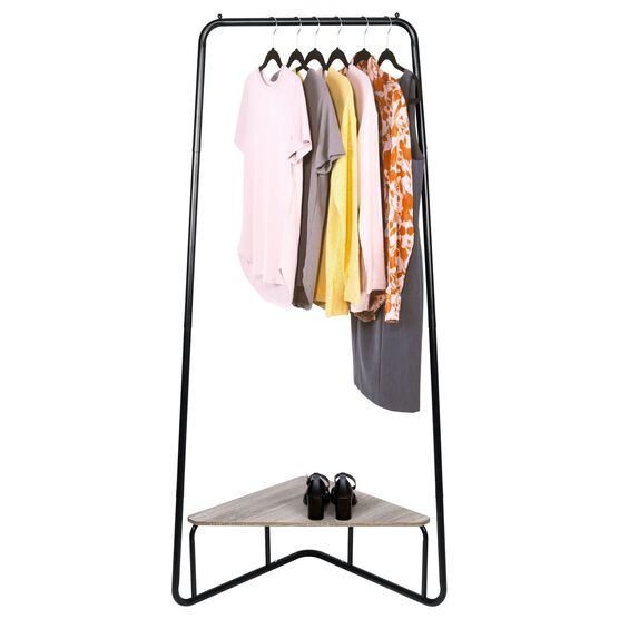 Corner Garment Rack, Matte Black with Wood Grain Laminate Top, BLACK, hi-res image number null