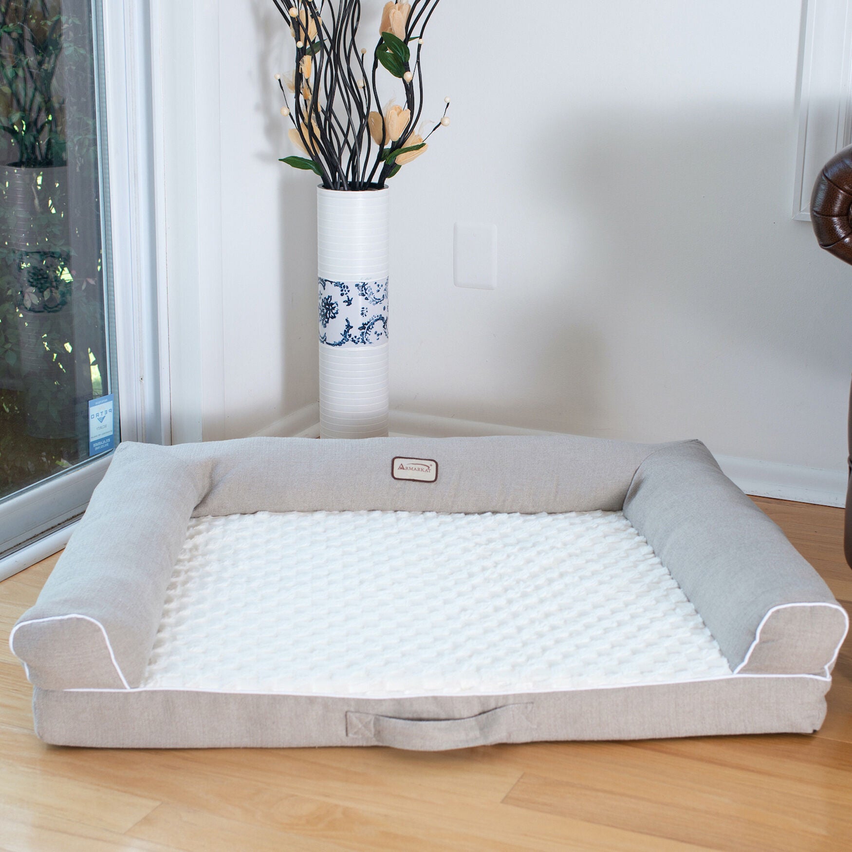 Bolstered Pet Bed Cushion With Memory Foam, Medium Ivory & Beige, , on-hover image number 1