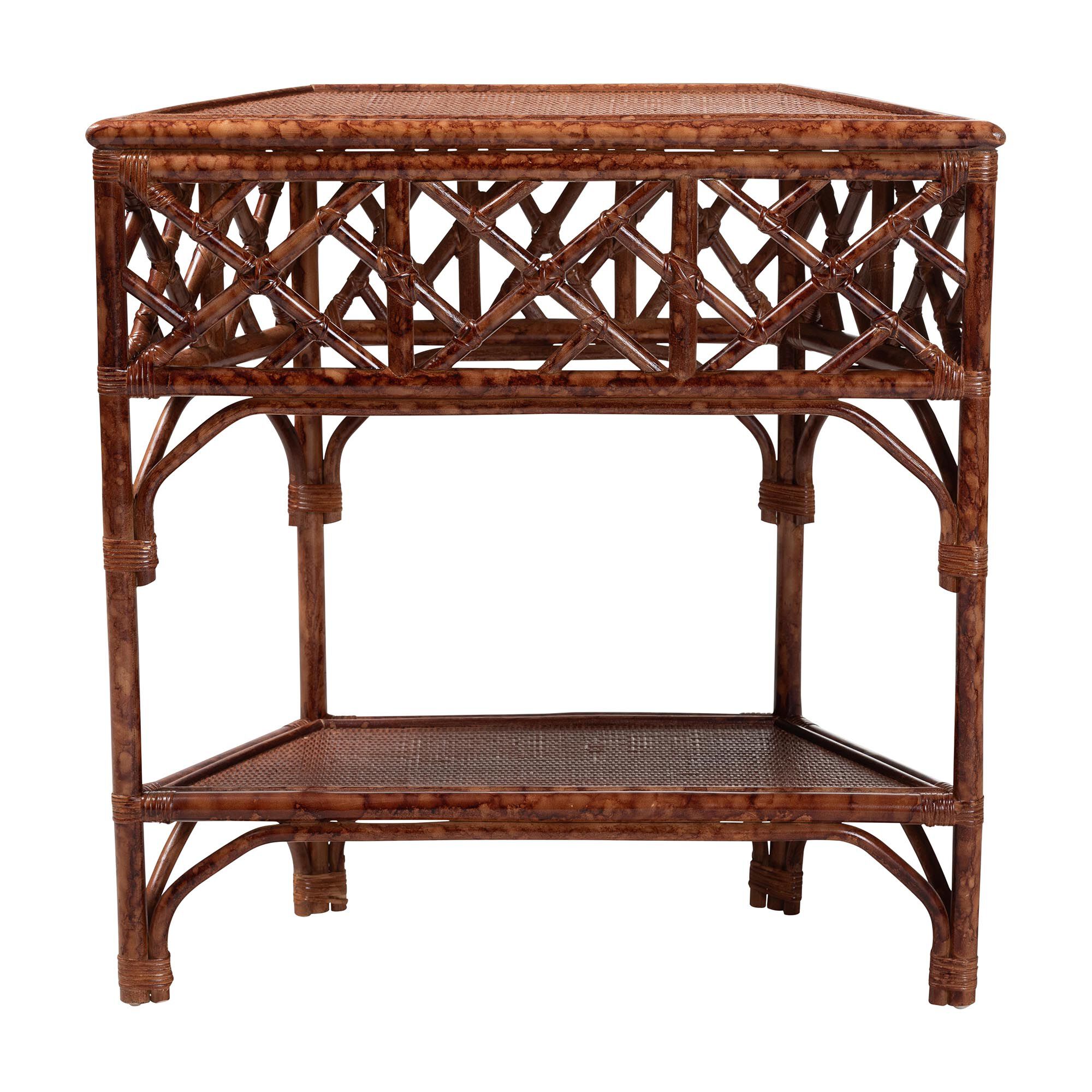Rattan console table with lattice design and lower shelf, shown against a white background.