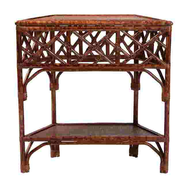 Rattan console table with lattice design and lower shelf, shown against a white background.