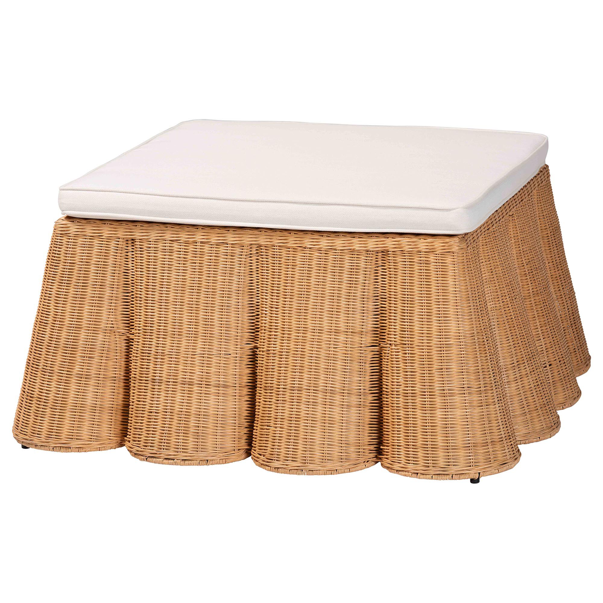 Palm Scallop Natural Rattan Ottoman, 39 inches Square, LIGHT HONEY, alternate image number 1