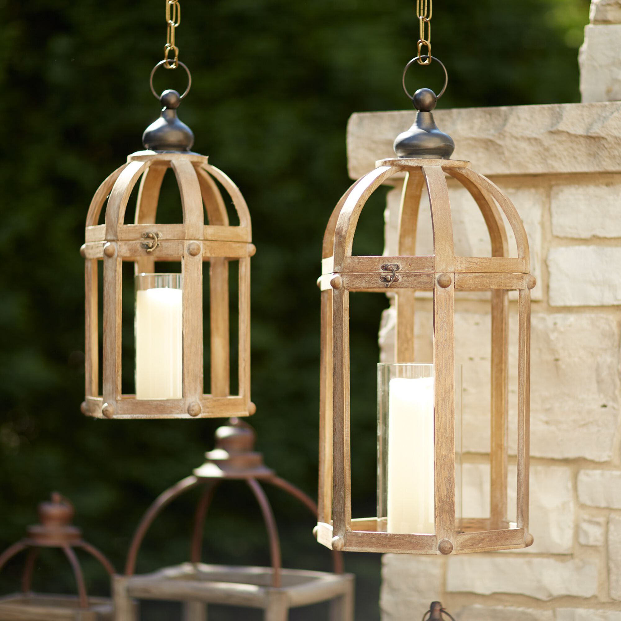 Lanterns (Set of 2) 21 inchesH, 28 inchesH Wood/Metal/Glass, BROWN/CLEAR, alternate image number 1