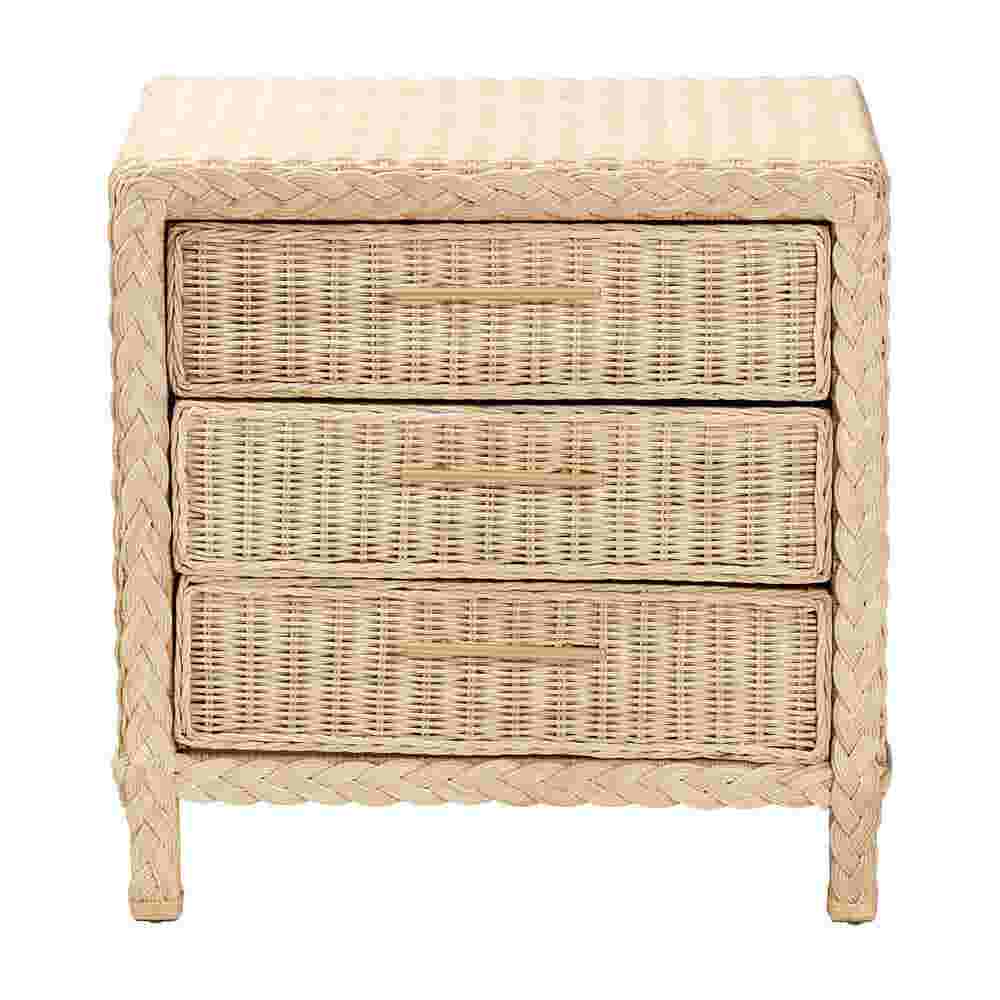Sun-bleached rattan 3-drawer nightstand, centered front view