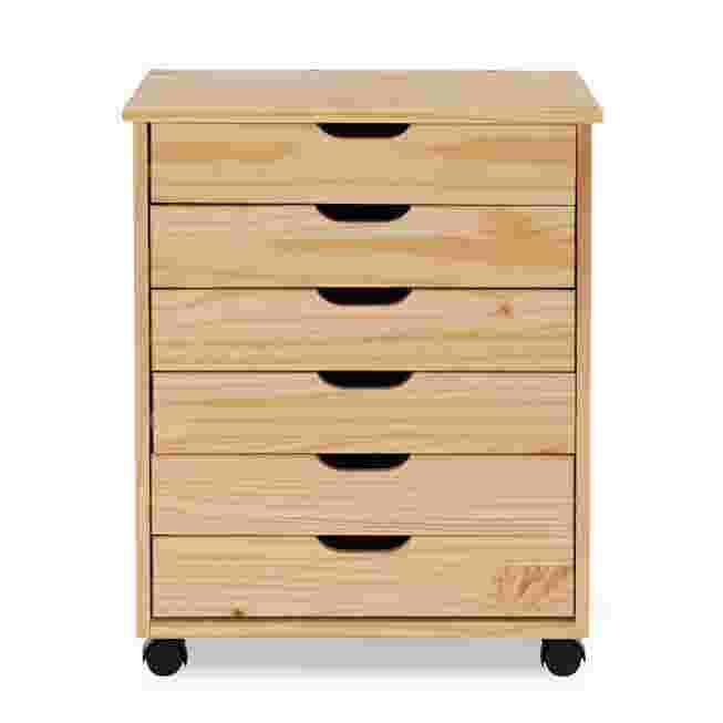 Light wood rolling storage cart with six drawers on a white background.