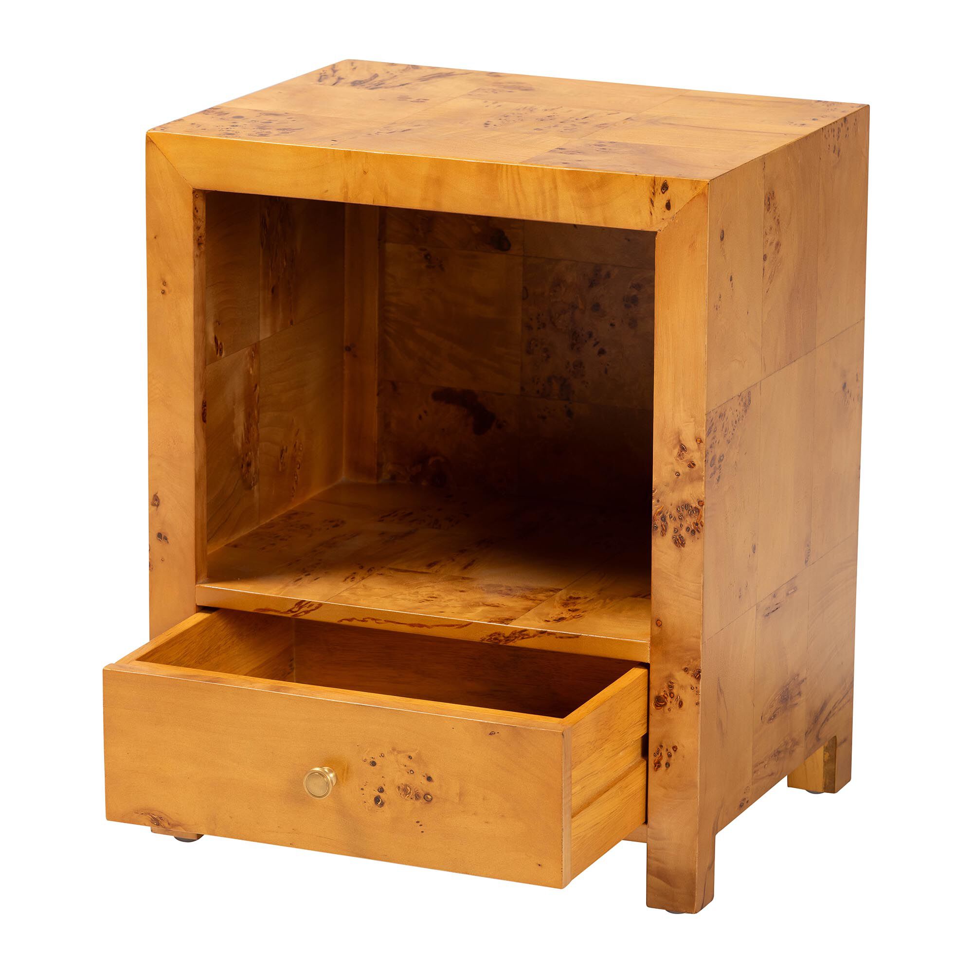 Camira Modern and Contemporary Natural Light Mappa Real Burl Wood 1-Drawer Nightstand, BURL, alternate image number 2