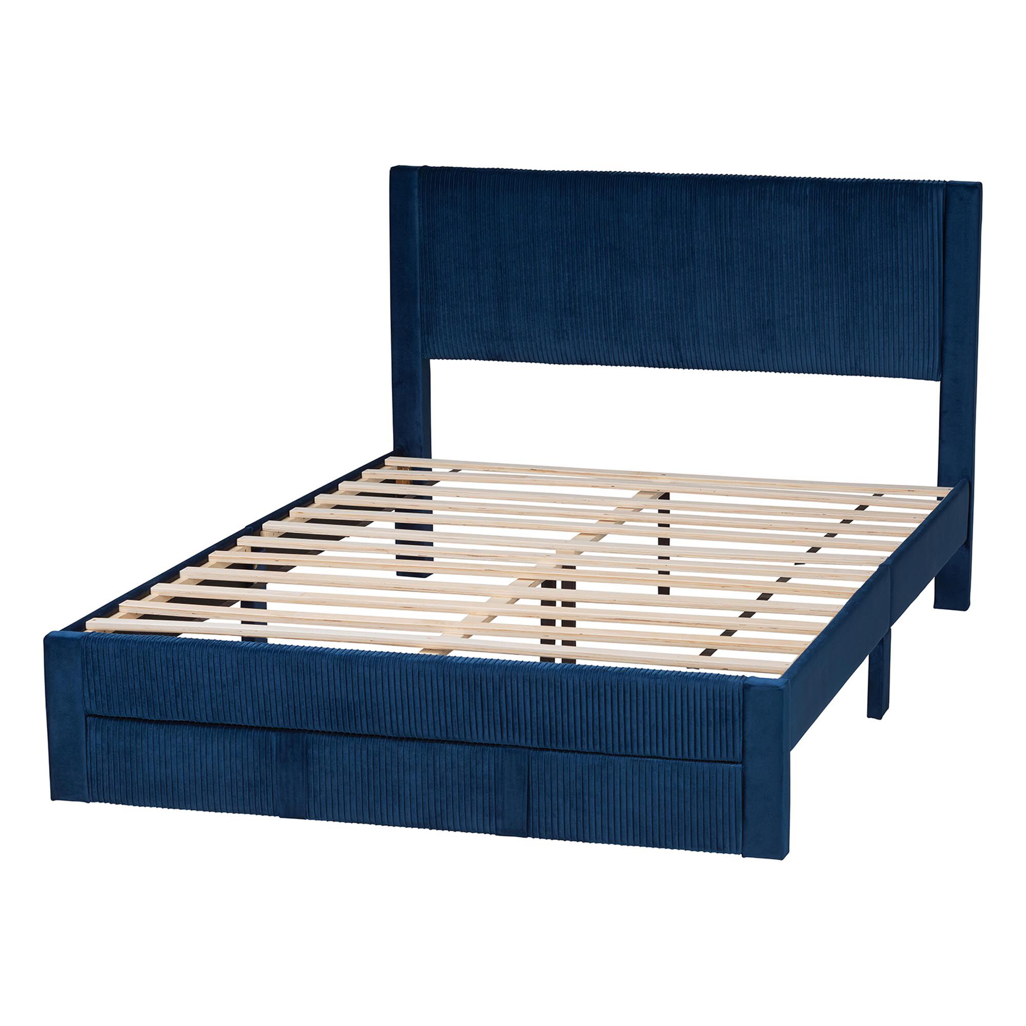 Elora Modern Navy Blue Pleated Velvet Queen Size Storage Bed, NAVY, alternate image number 4