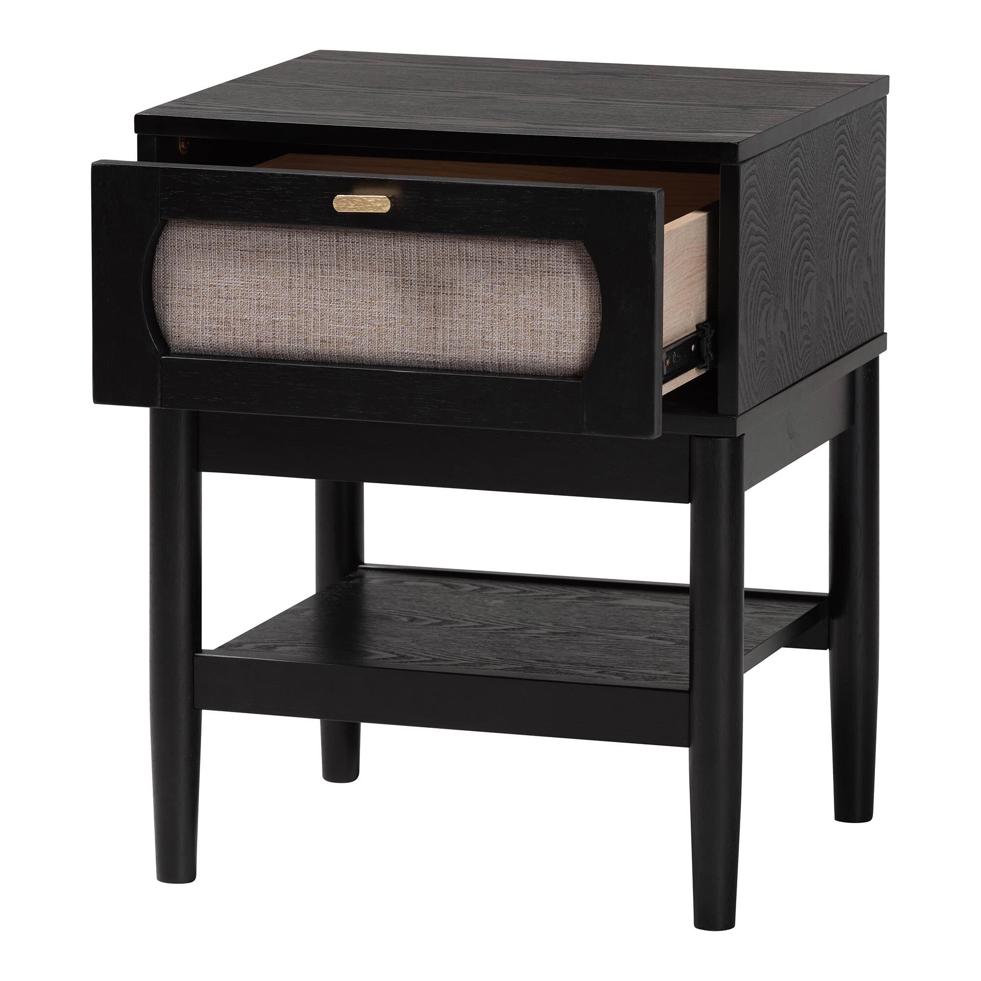 Shirin Mid-Century Beige Fabric and Black Wood 1-Drawer Nightstand, BLACK, alternate image number 2
