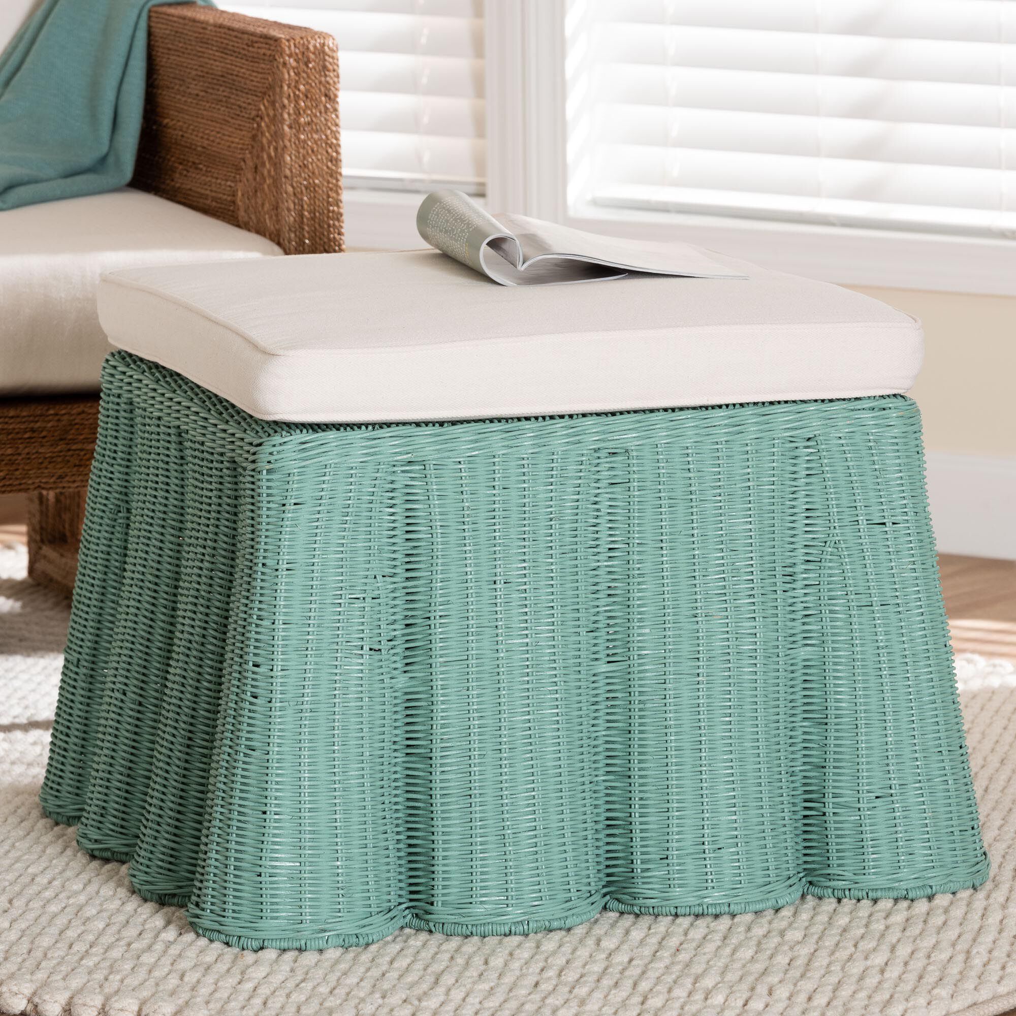 Palm Bohemian White Scallop Rattan Ottoman, GREEN, hi-res image number 0