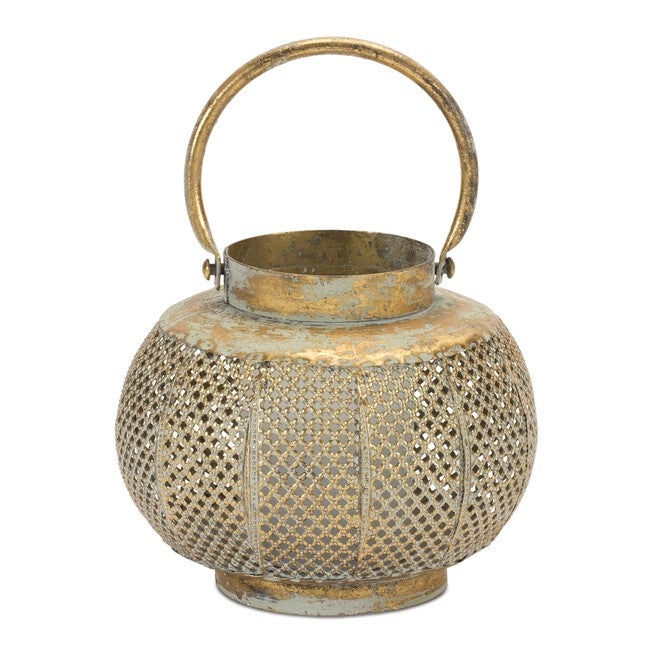 Distressed Punched Metal Lantern 7.5 inchesD, COPPER/GREEN, hi-res image number null