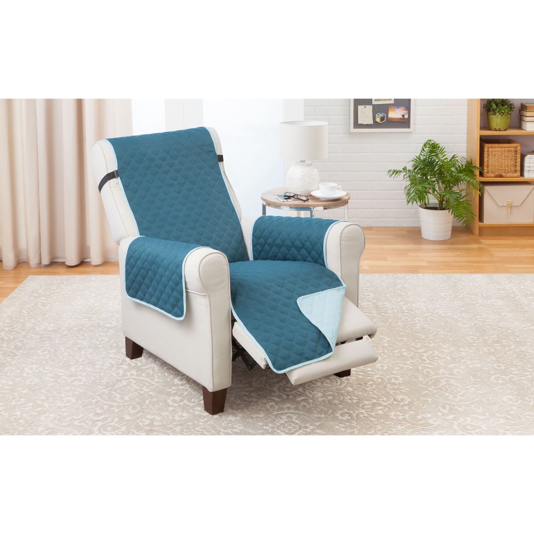 Solid Reversible Quilted Recliner Furniture Protector, JADE TEAL, hi-res image number 0