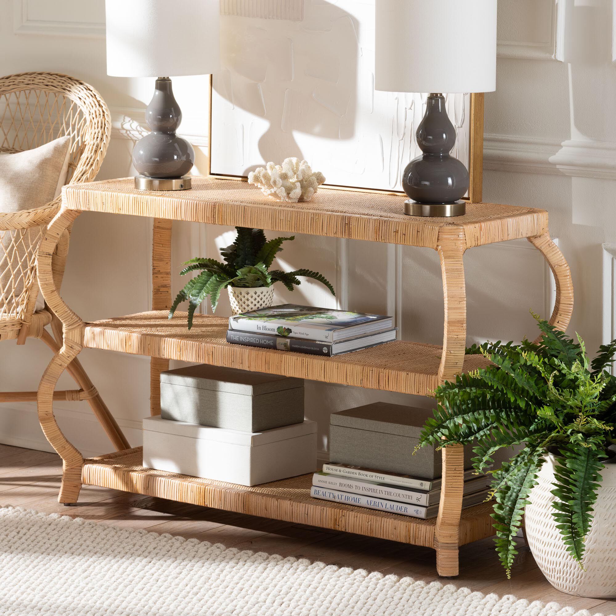 Dalida Bohemian Natural Rattan 3-Tier Console Table, NATURAL, alternate image number 6