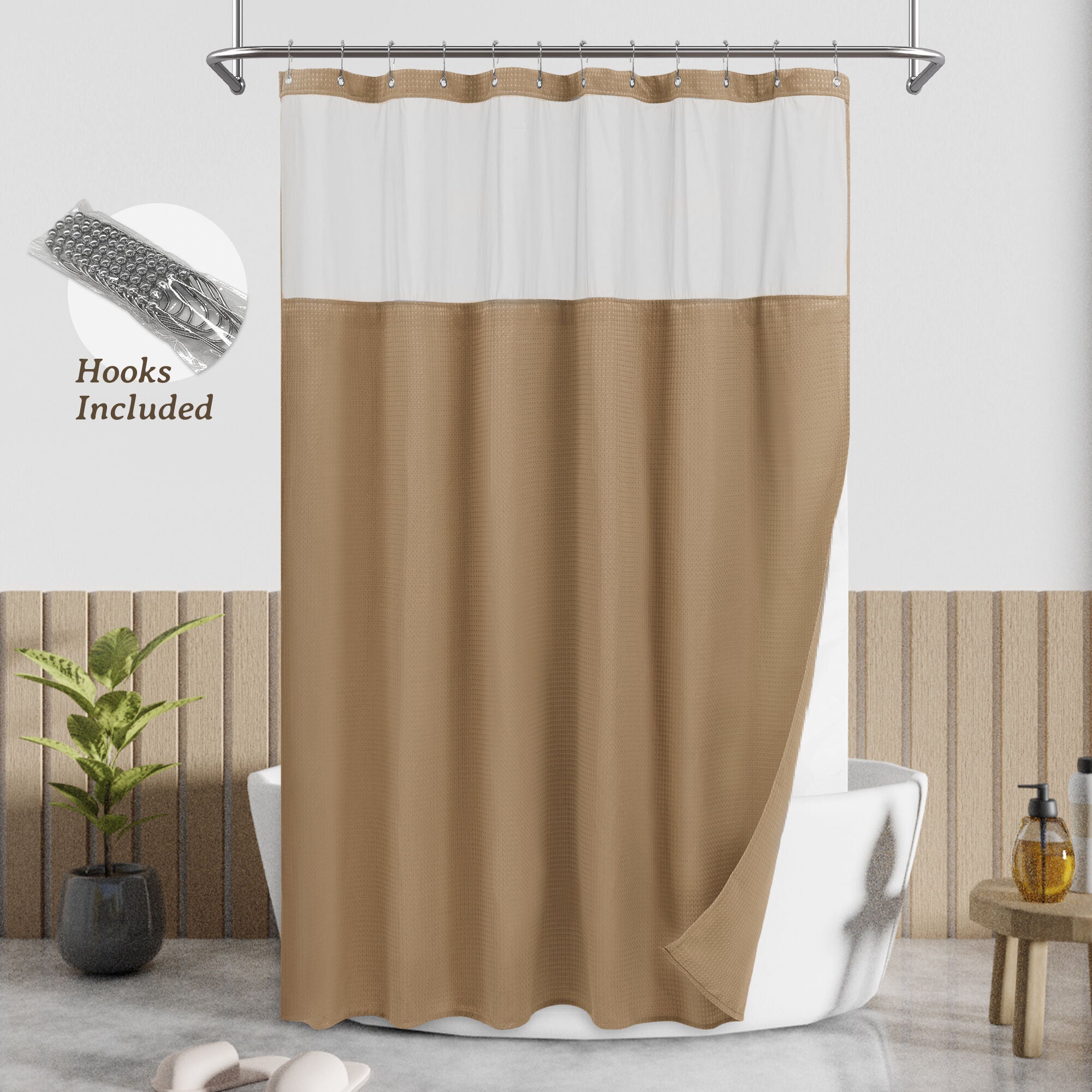 Dobby Waffle Shower Curtain with Snap-in Liner, Hooks included, COFFEE, hi-res image number 0