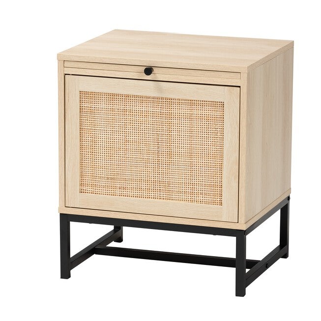 Caterina Mid-Century Modern Transitional Natural Brown Finished Wood And Natural Rattan 1-Door Nightstand With Pull-Out Shelf, NATURAL BROWN BLACK, hi-res image number null