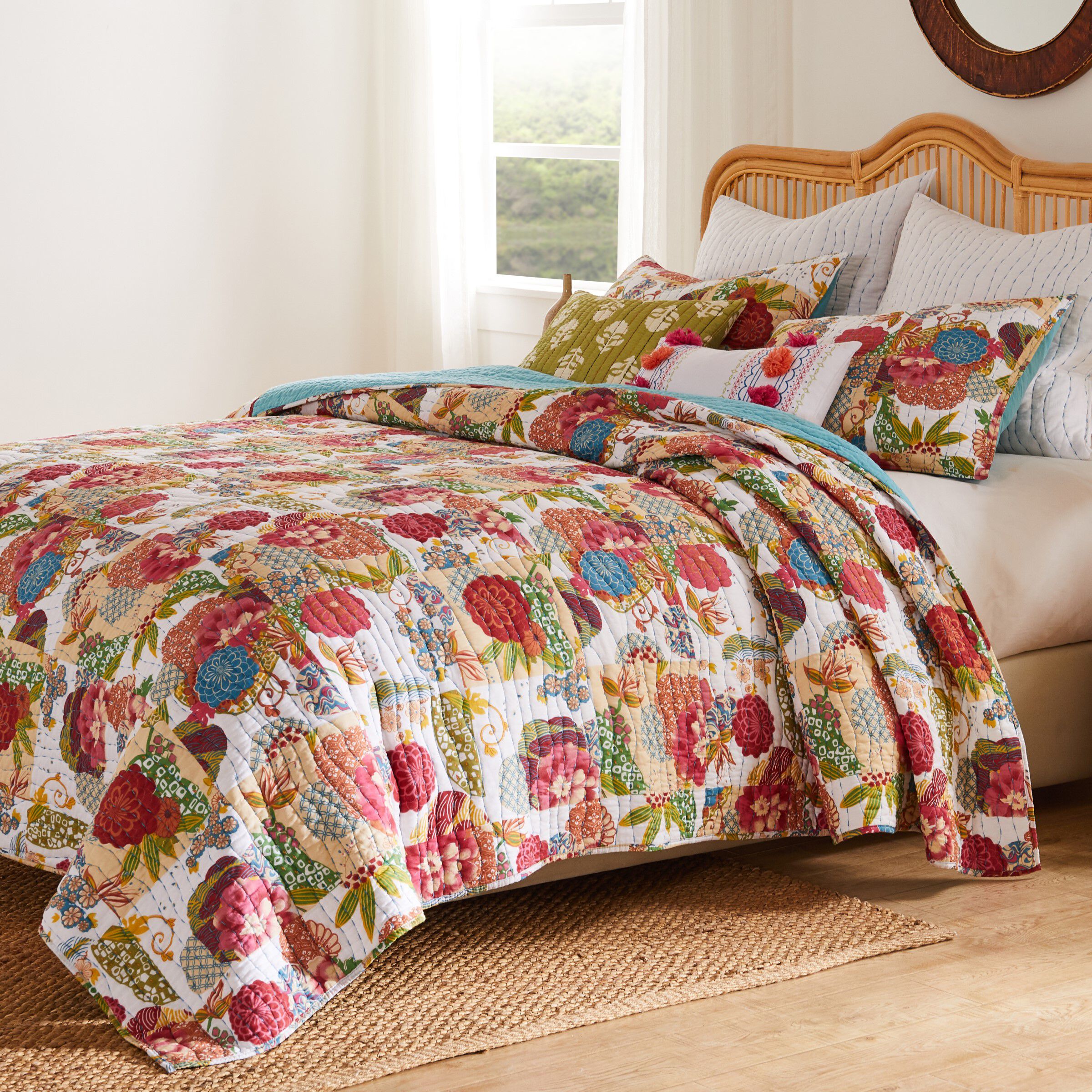 Jewel Kantha Stitched Quilt Set, WHITE, alternate image number 2