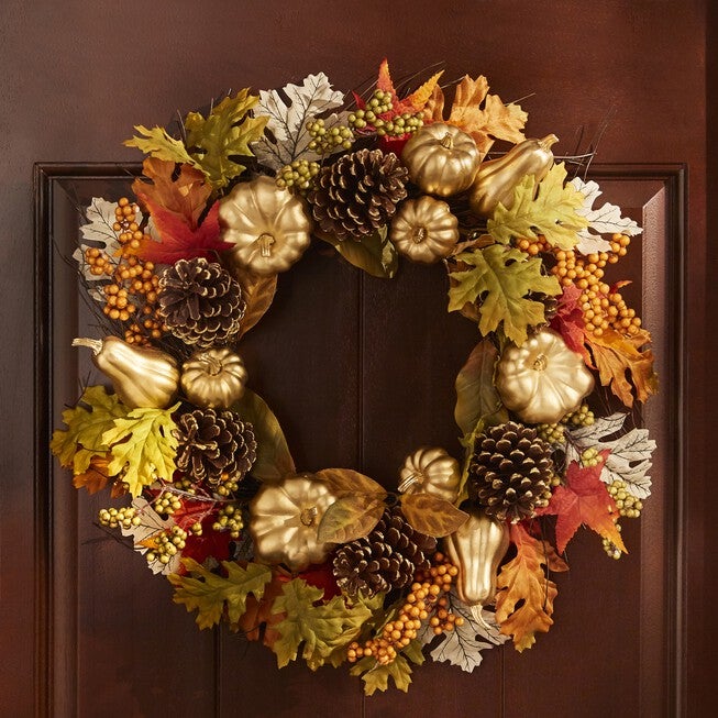 20 inches Gold Pumpkin Harvest Wreath, GOLD, hi-res image number 0