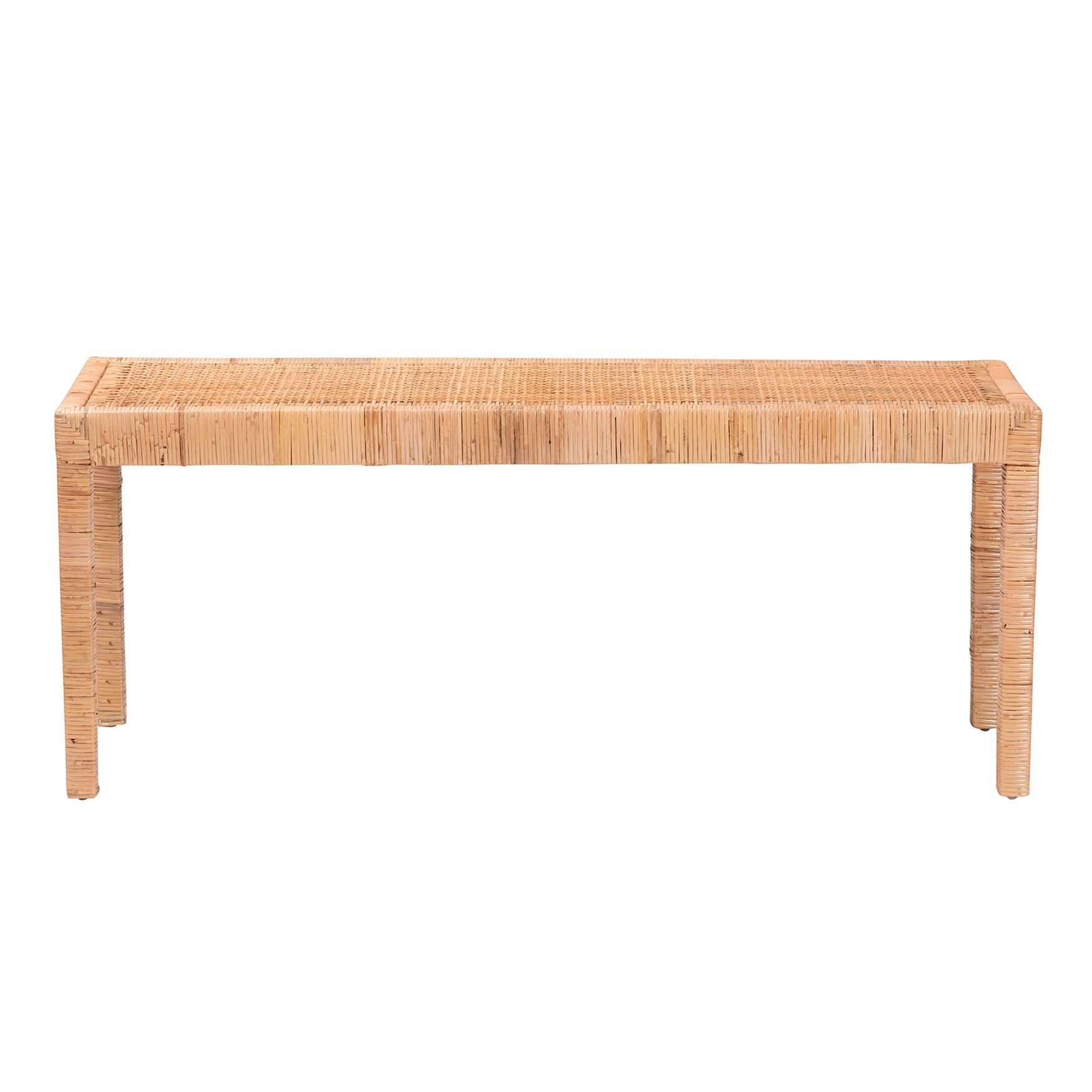 Abelia Modern Bohemian Natural Rattan And Mahogany Wood Long Accent Bench, , on-hover image number 1