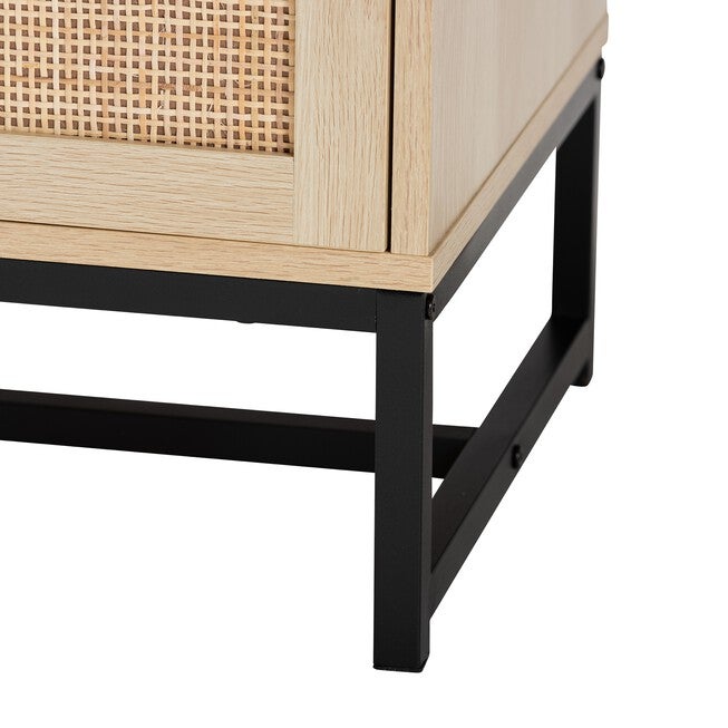 Caterina Mid-Century Modern Transitional Natural Brown Finished Wood And Natural Rattan 1-Door Nightstand With Pull-Out Shelf, , alternate image number null