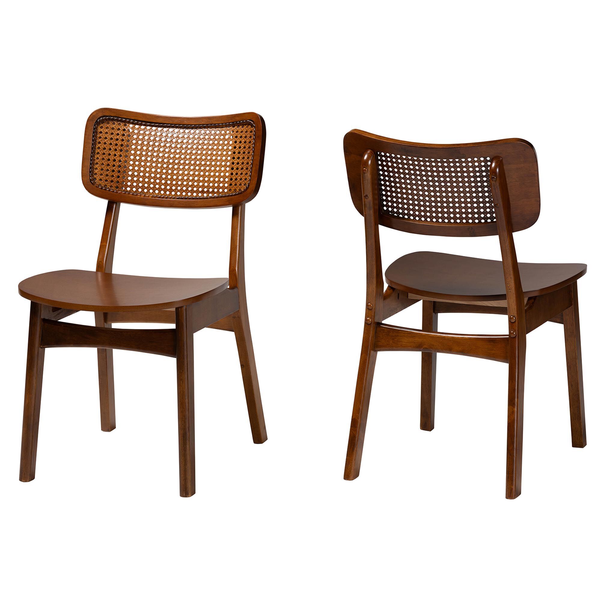 Tafari Mid-Century Modern Walnut Brown Finished Wood and Rattan 2-Piece Dining Chair Set, BROWN, alternate image number 8