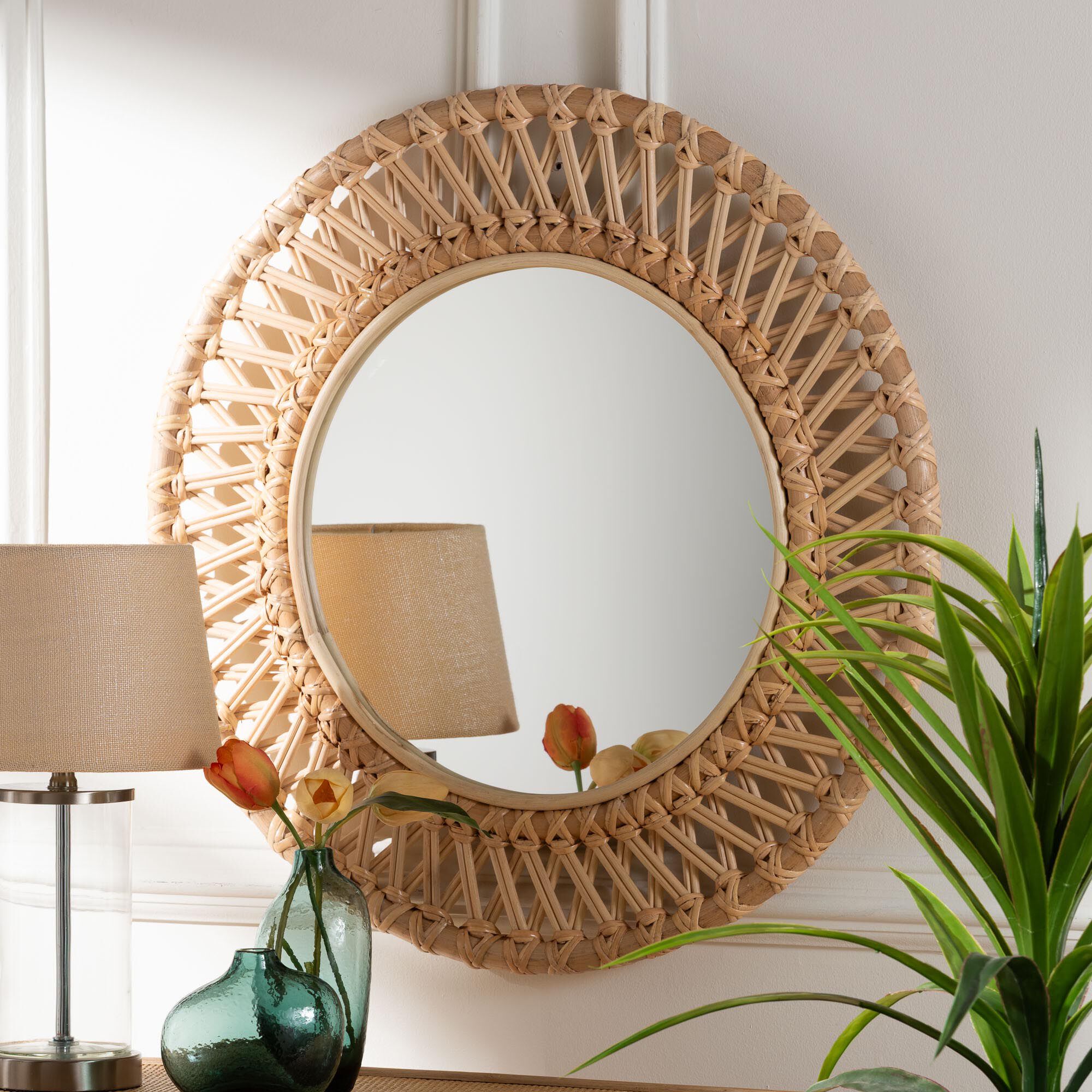 Burris Natural Rattan Wall Mirror - Handwoven Wicker Round Frame, NATURAL, alternate image number 3