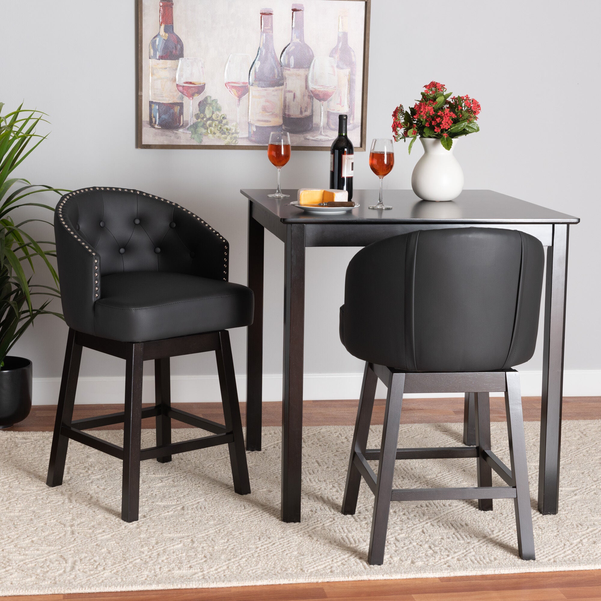 Theron Mid-Century Transitional Black Faux Leather and Espresso Brown Finished Wood 2-Piece Swivel Counter Stool Set, BROWN, hi-res image number 0
