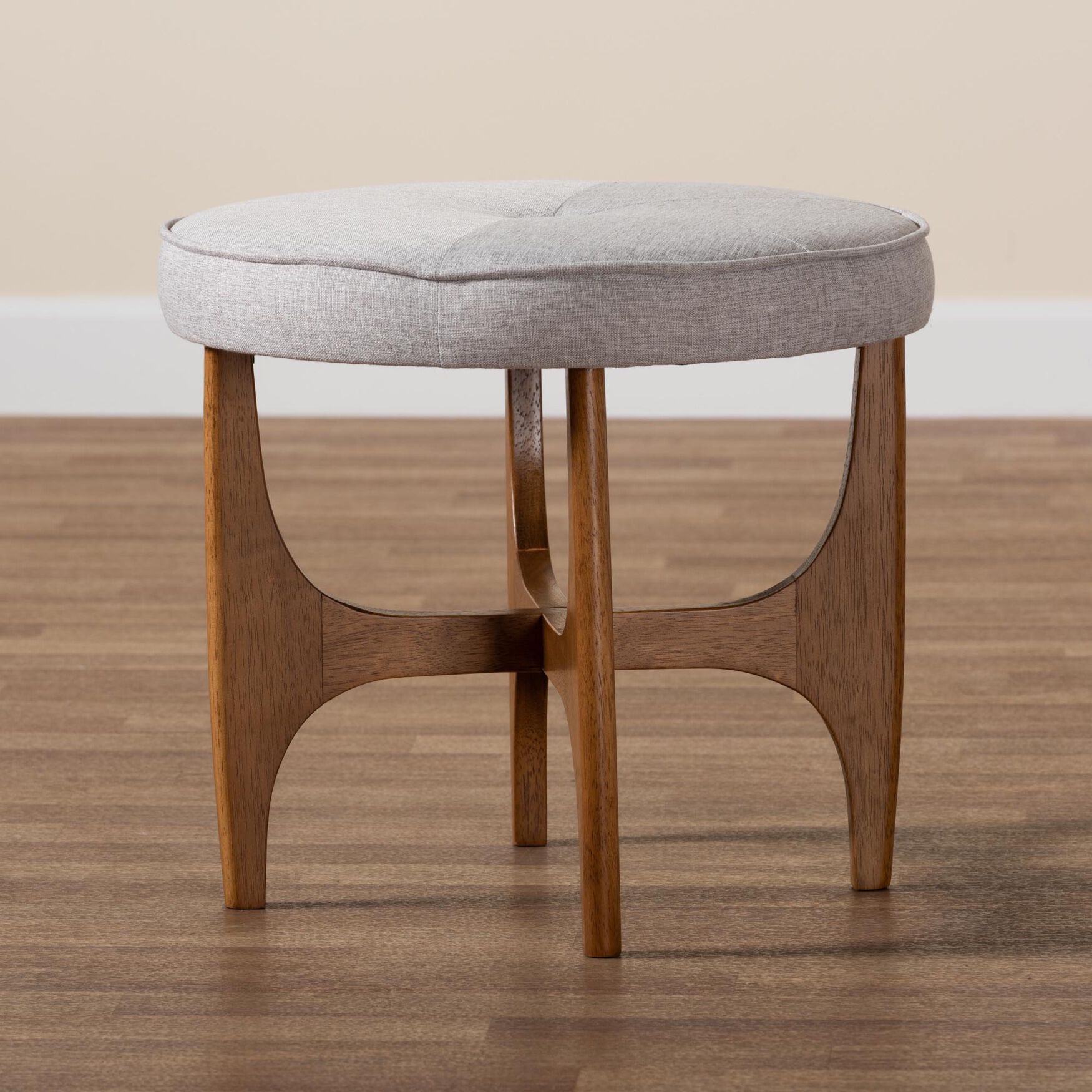 Theo Japandi Dark Grey Fabric And Walnut Brown Finished Wood Ottoman Footstool, , alternate image number 5