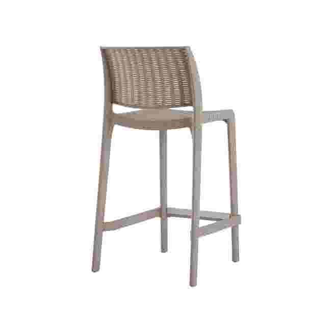 Outdoor stackable counter stool, close view of woven back and frame