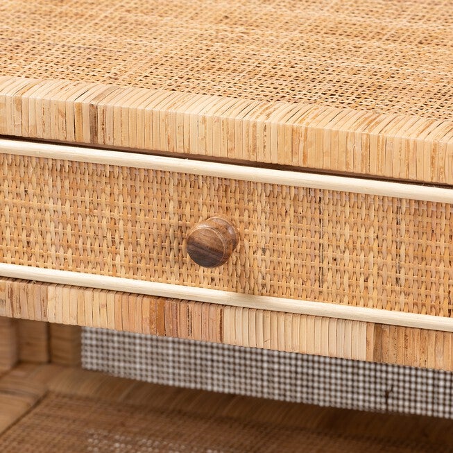 Bella Modern Bohemian Natural Brown Mahogany Wood And Natural Rattan 1-Drawer Console Table, , alternate image number 5